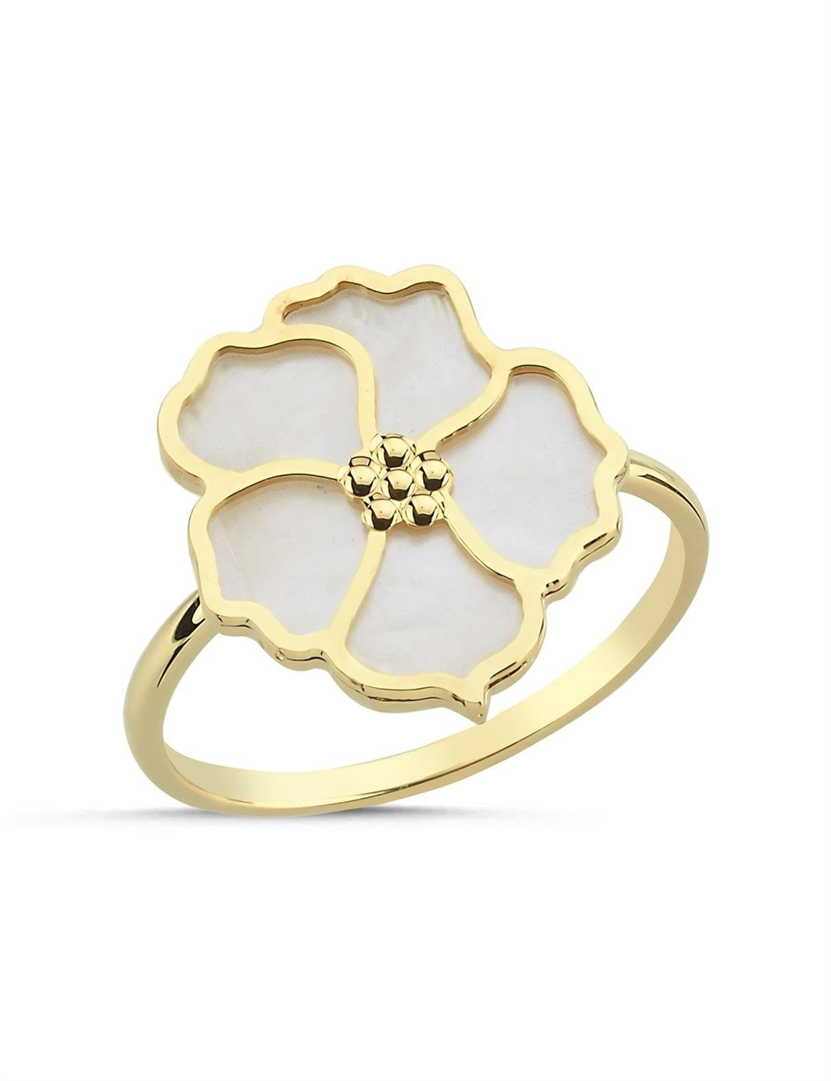 Beyaz Sefedli Çiçek İtalyan Altın Yüzük