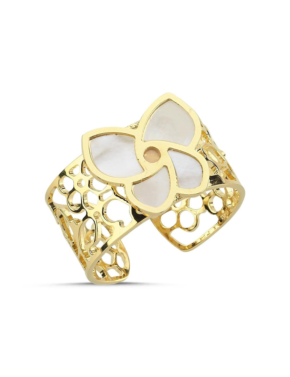 Sedefli Beyaz Çiçek İtalyan Altın Yüzük