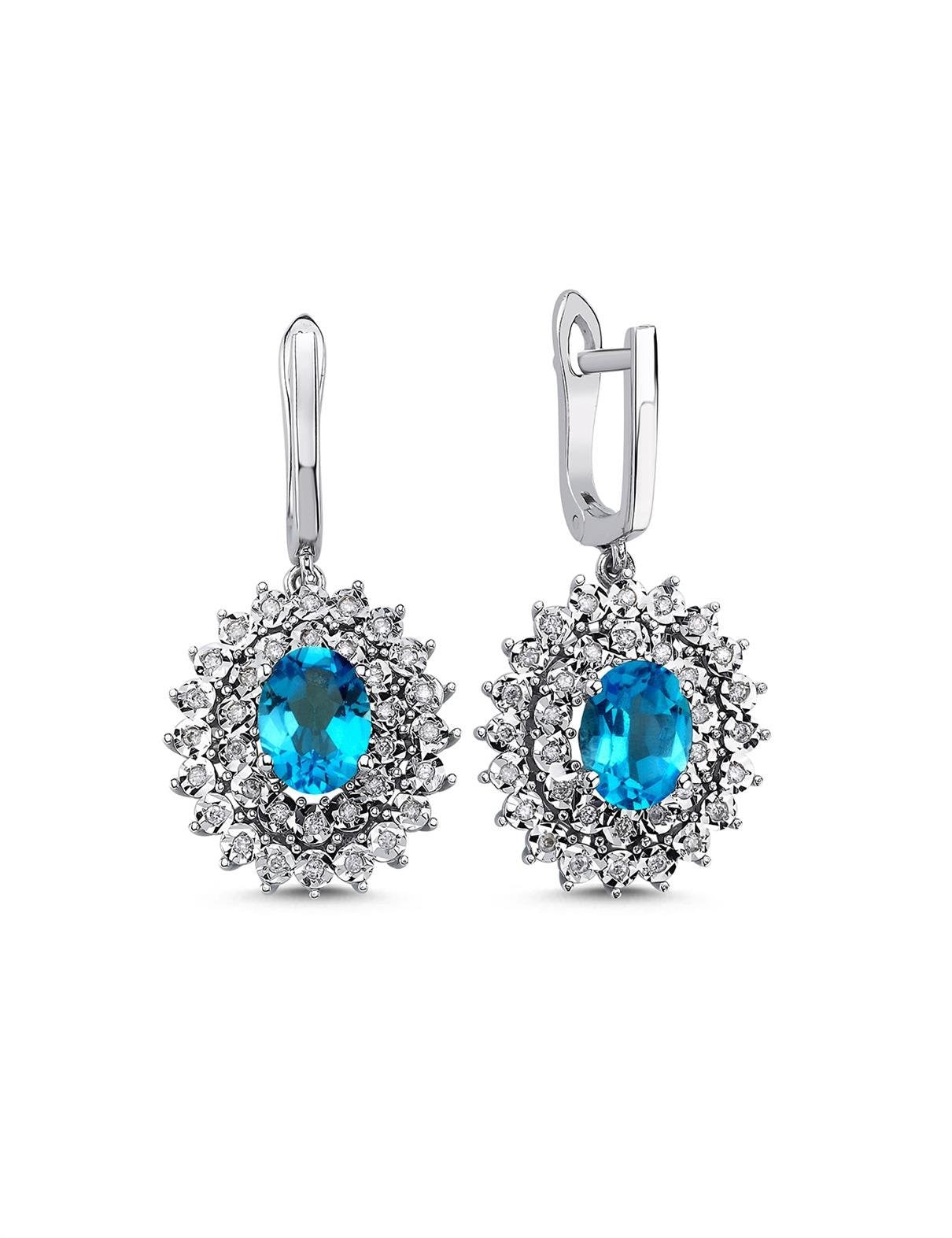 3,39 Karat Pırlantalı Mavi Topaz Küpe