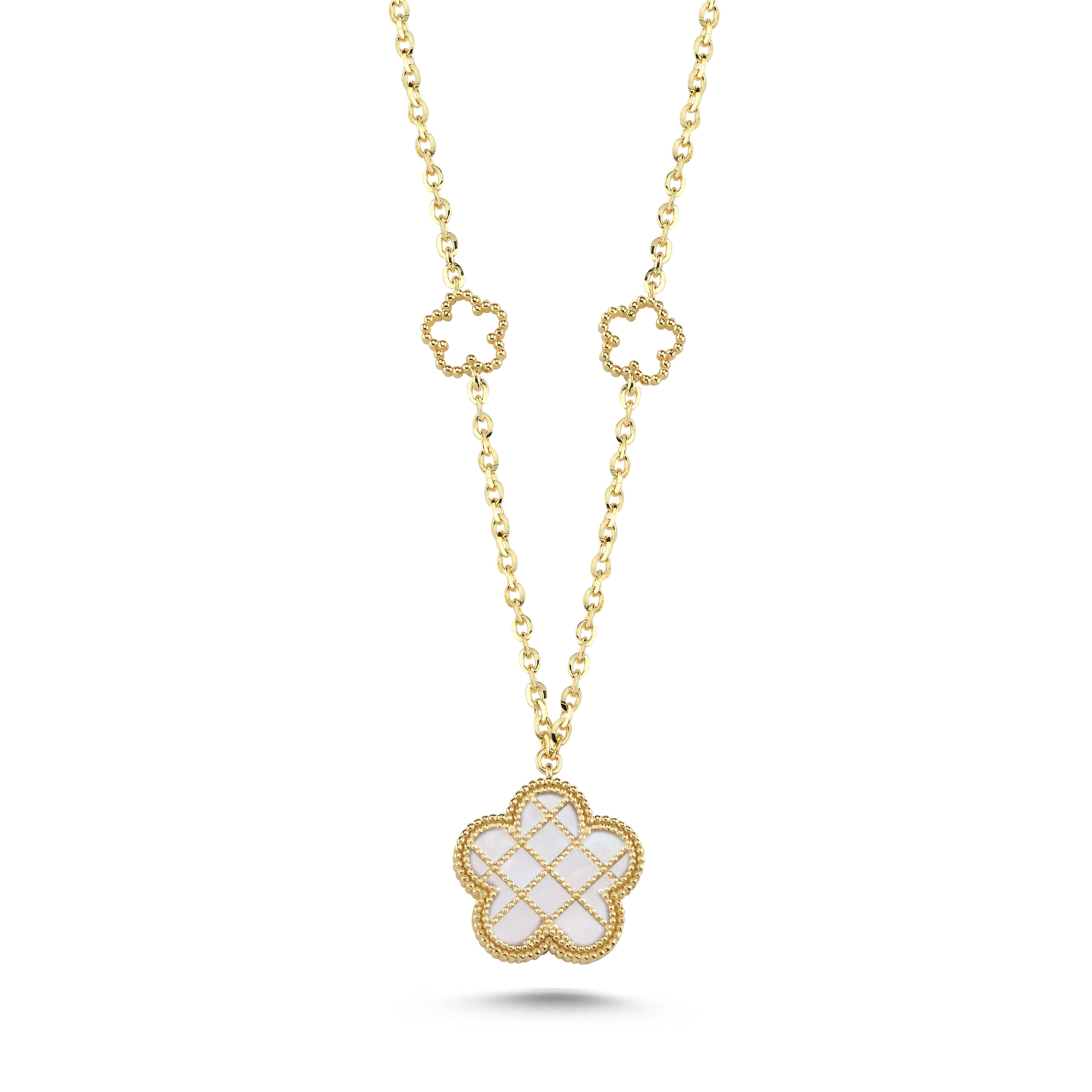 Çift Taraflı Gri Beyaz Sedefli Kafeslin Çiçek Altın Kolye