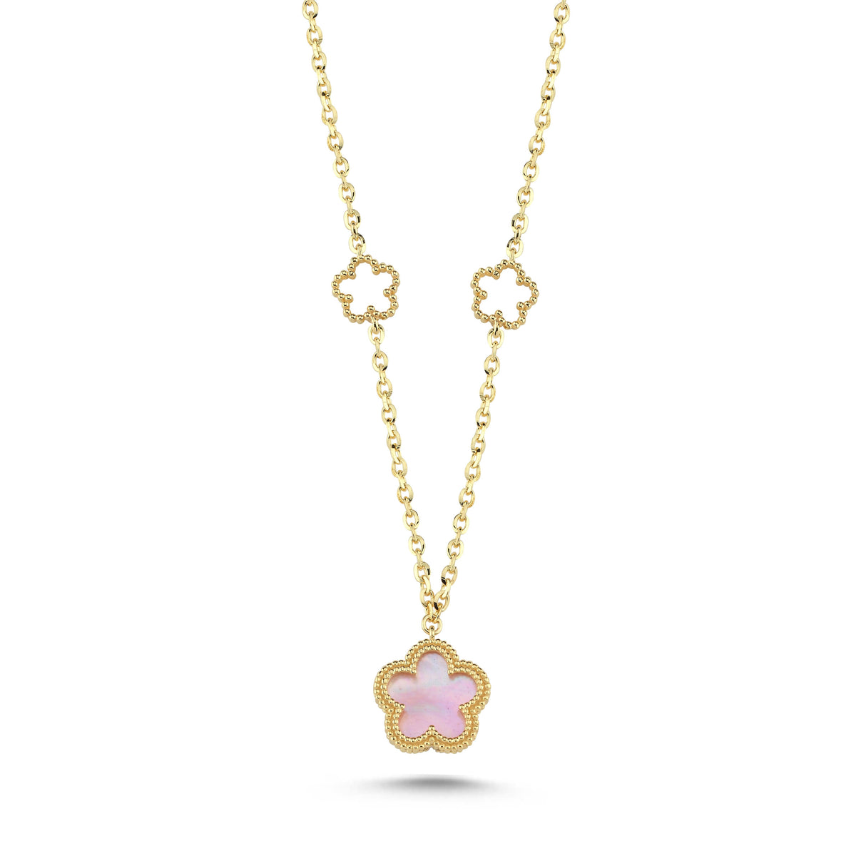 Çift Taraflı Pembe Beyaz Sedefli Çiçek Altın Kolye