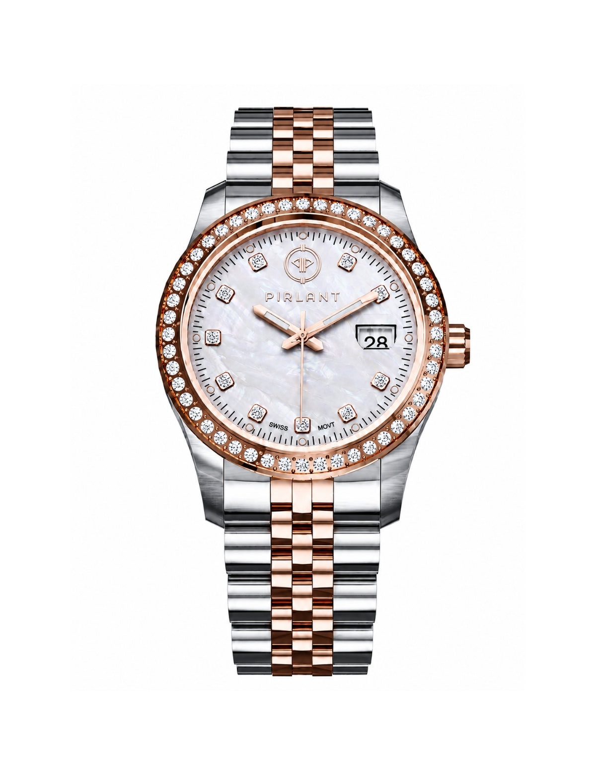 PIRLANT Beyaz Sedef Kadranlı Taşlı Rose Bicolor Kadın Kol Saati SBL01-3T-SE