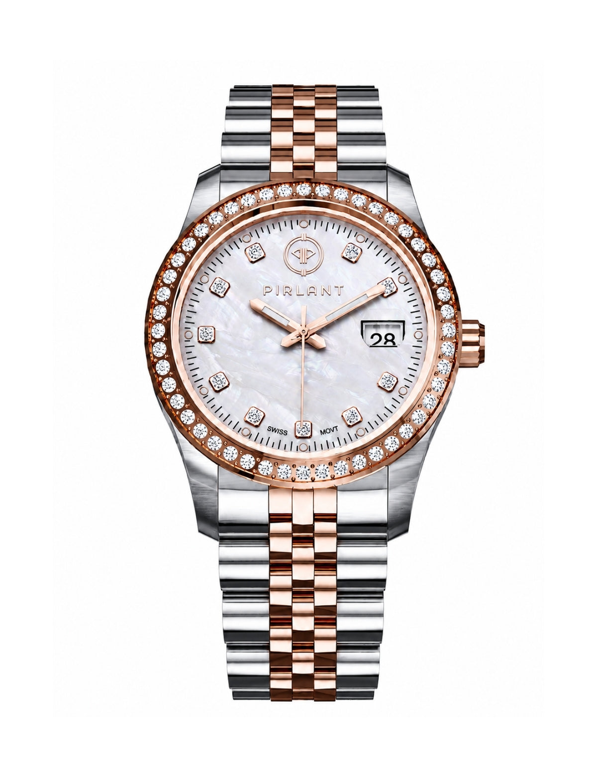 PIRLANT Beyaz Sedef Kadranlı Taşlı Rose Bicolor Kadın Kol Saati SBL01-3T-SE