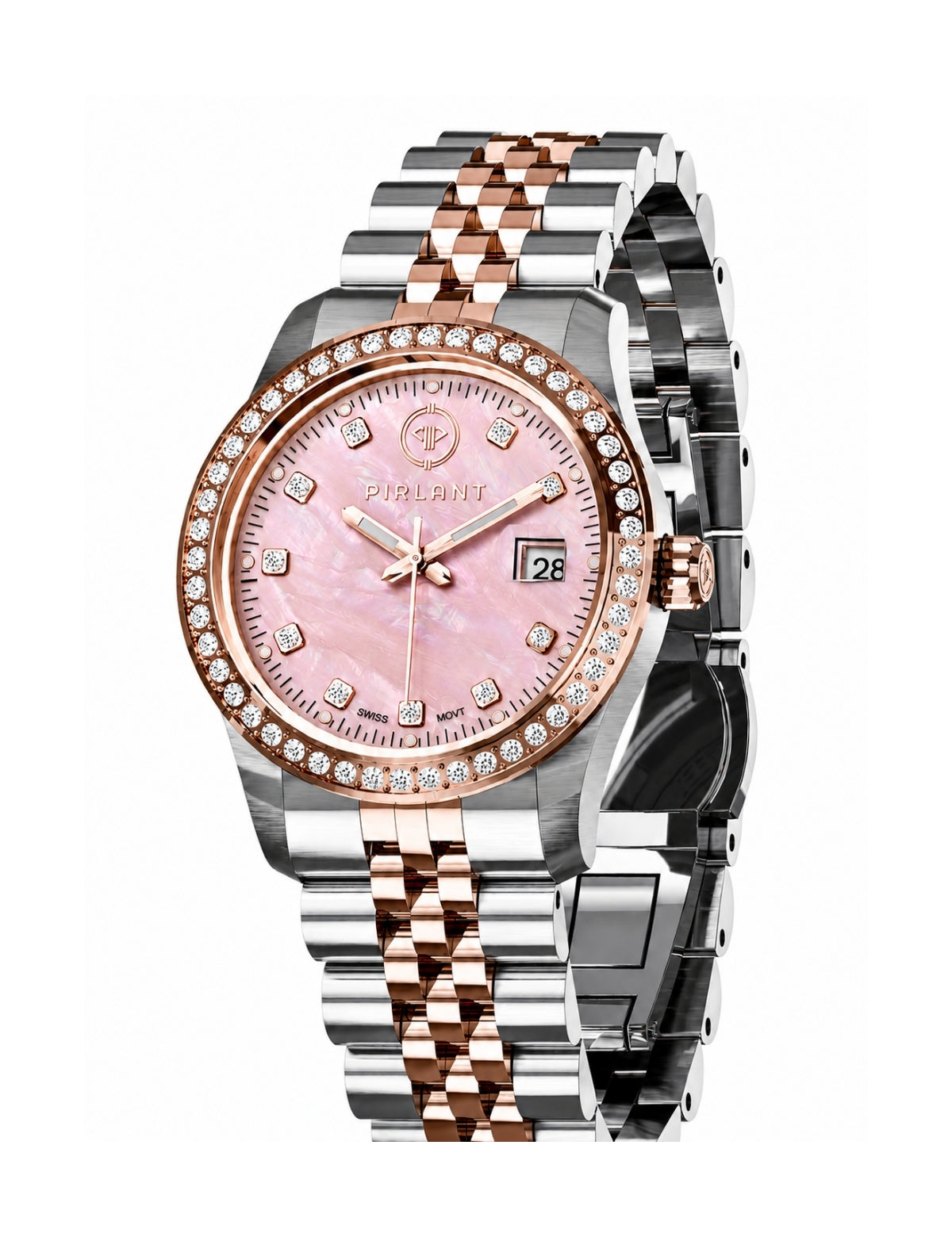 PIRLANT Pembe Sedef Kadranlı Taşlı Rose Bicolor Kadın Kol Saati SBL01-3T-PESE