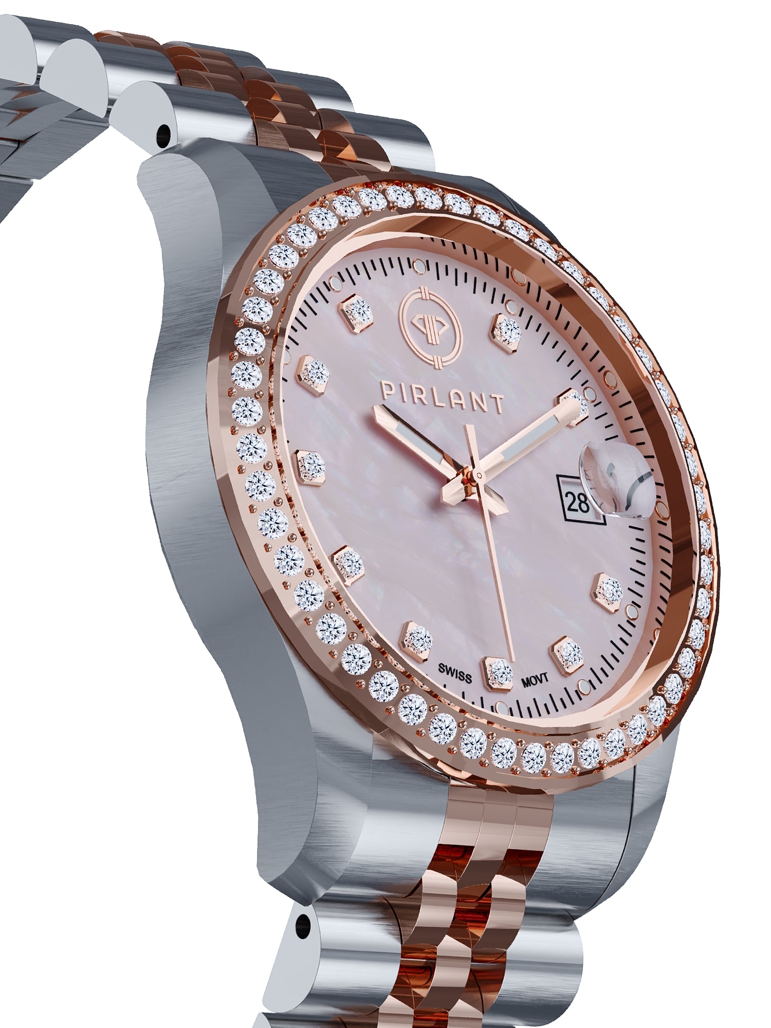 PIRLANT Pembe Sedef Kadranlı Taşlı Rose Bicolor Kadın Kol Saati SBL01-3T-PESE