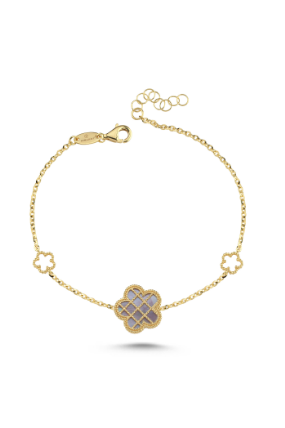 Çift Taraflı Gri Beyaz Sedefli Çiçek Altın Bileklik