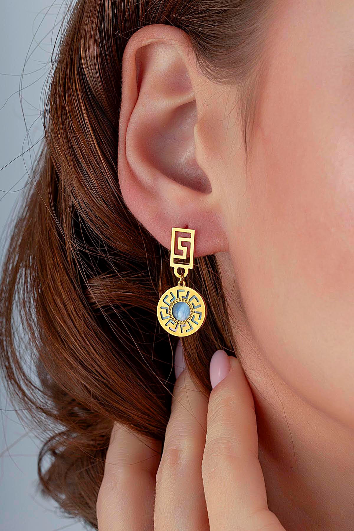 Turkuaz Sedefli Modern Geo Altın Küpe Ürün ikincil görseli