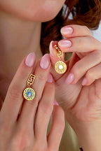 Turkuaz Sedefli Modern Geo Altın Küpe