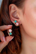 Yeşil Pembe İnci Taşlı Rose Altın Küpe