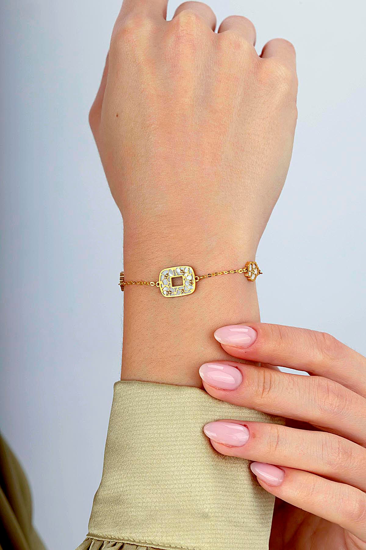 Çift Taraflı Pembe Beyaz Sedefli Altın Bileklik Ürün ikincil görseli