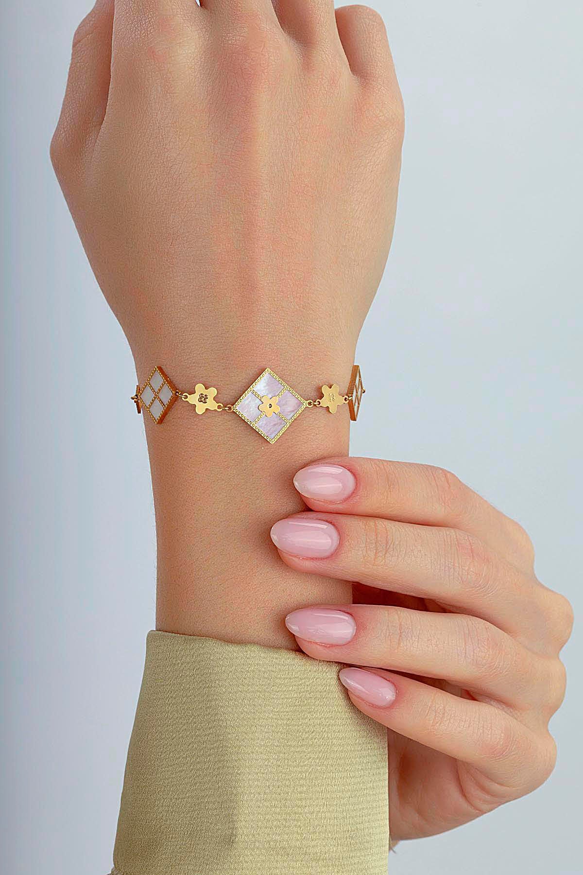 Çift Taraflı Pembe Beyaz Sedefli Altın Bileklik