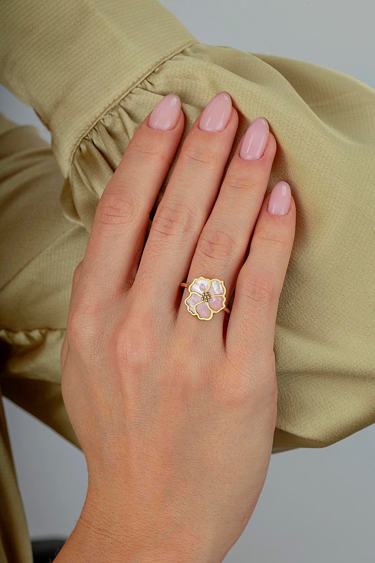 Pembe Sedefli Çiçek İtalyan Altın Yüzük