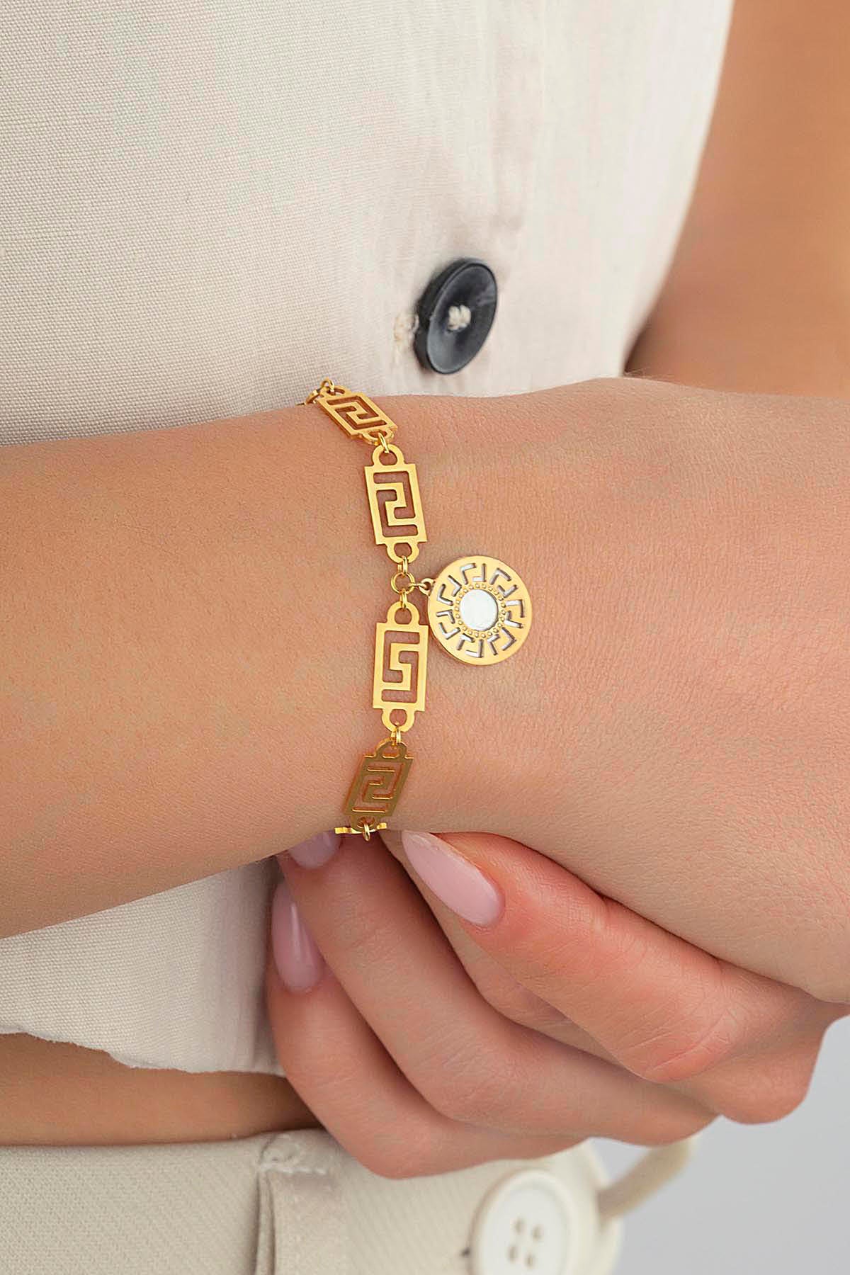 Çift Taraflı Mavi Beyaz Sedefli Altın Bileklik