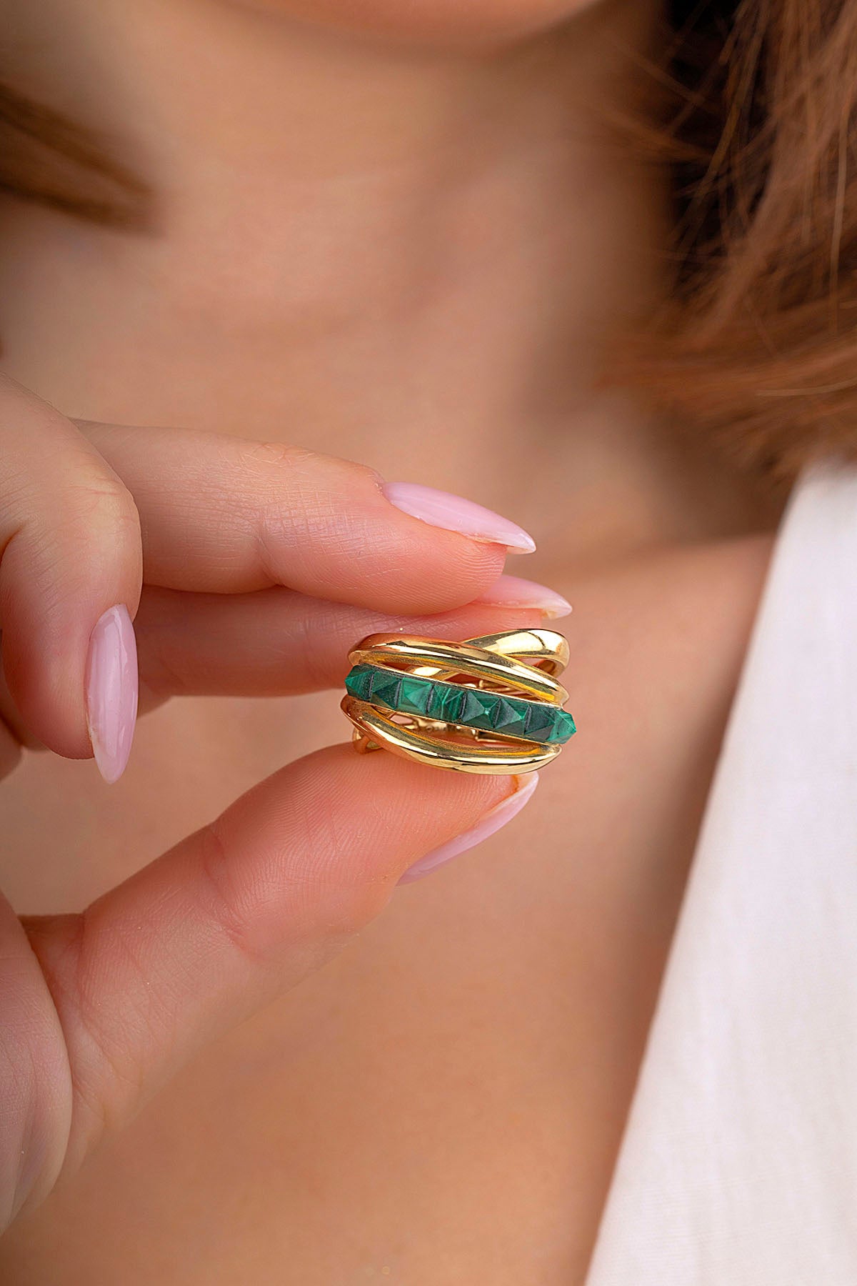 Yeşil Taşlı italyan Altın Yüzük