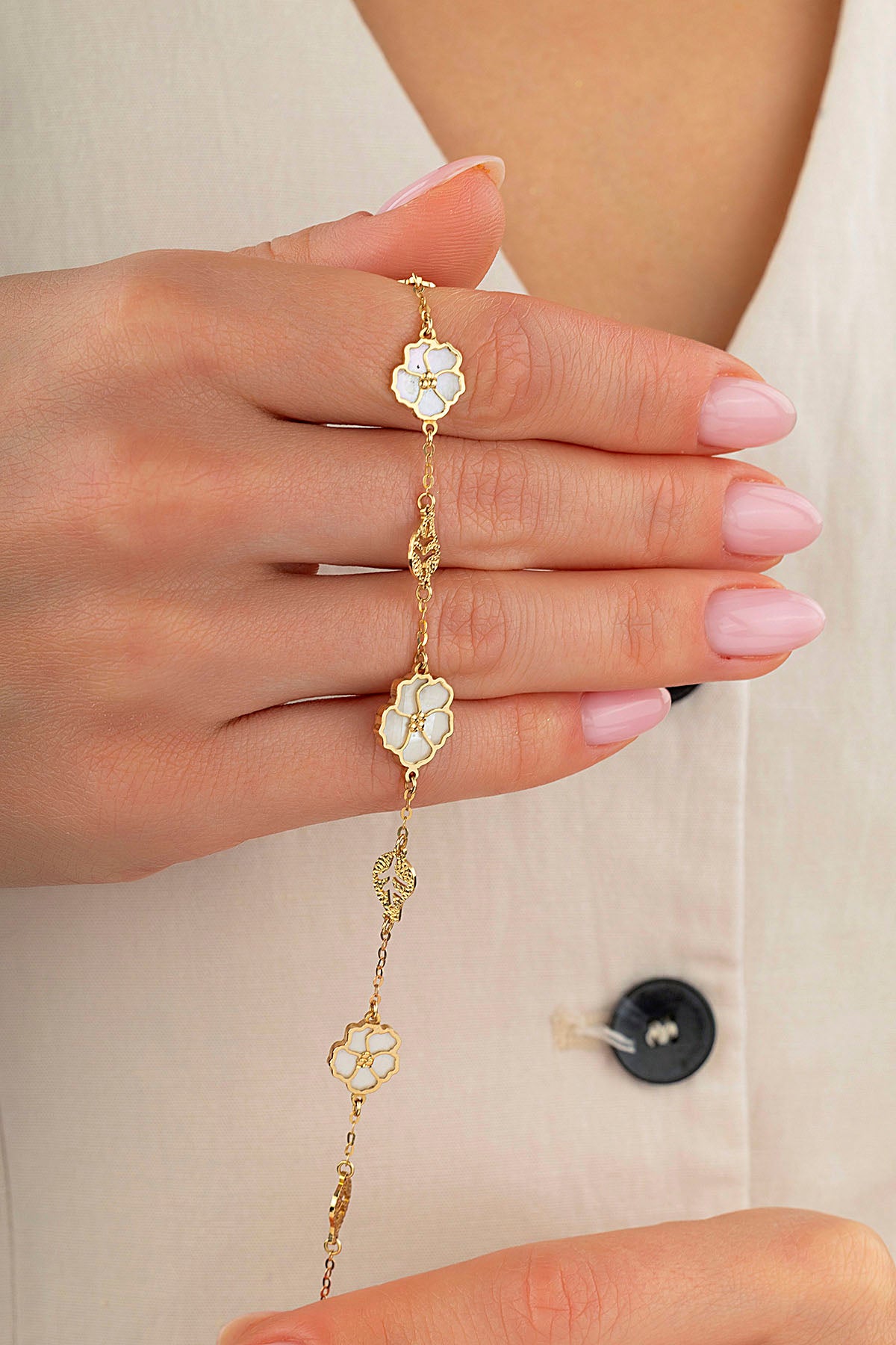 Çift Taraflı Pembe Beyaz Sedefli Altın Bileklik