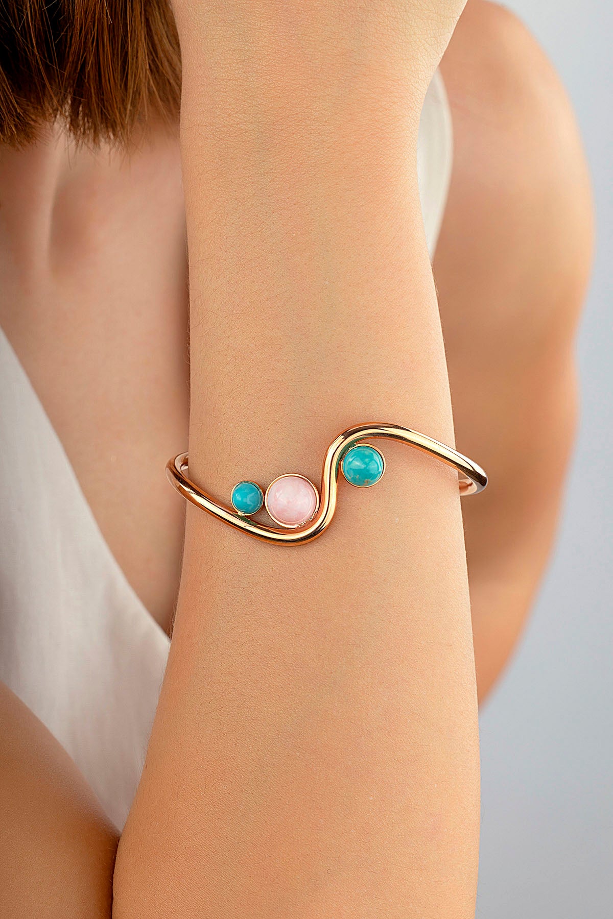 Rose Opal Turkuaz Taşlı Altın Bileklik
