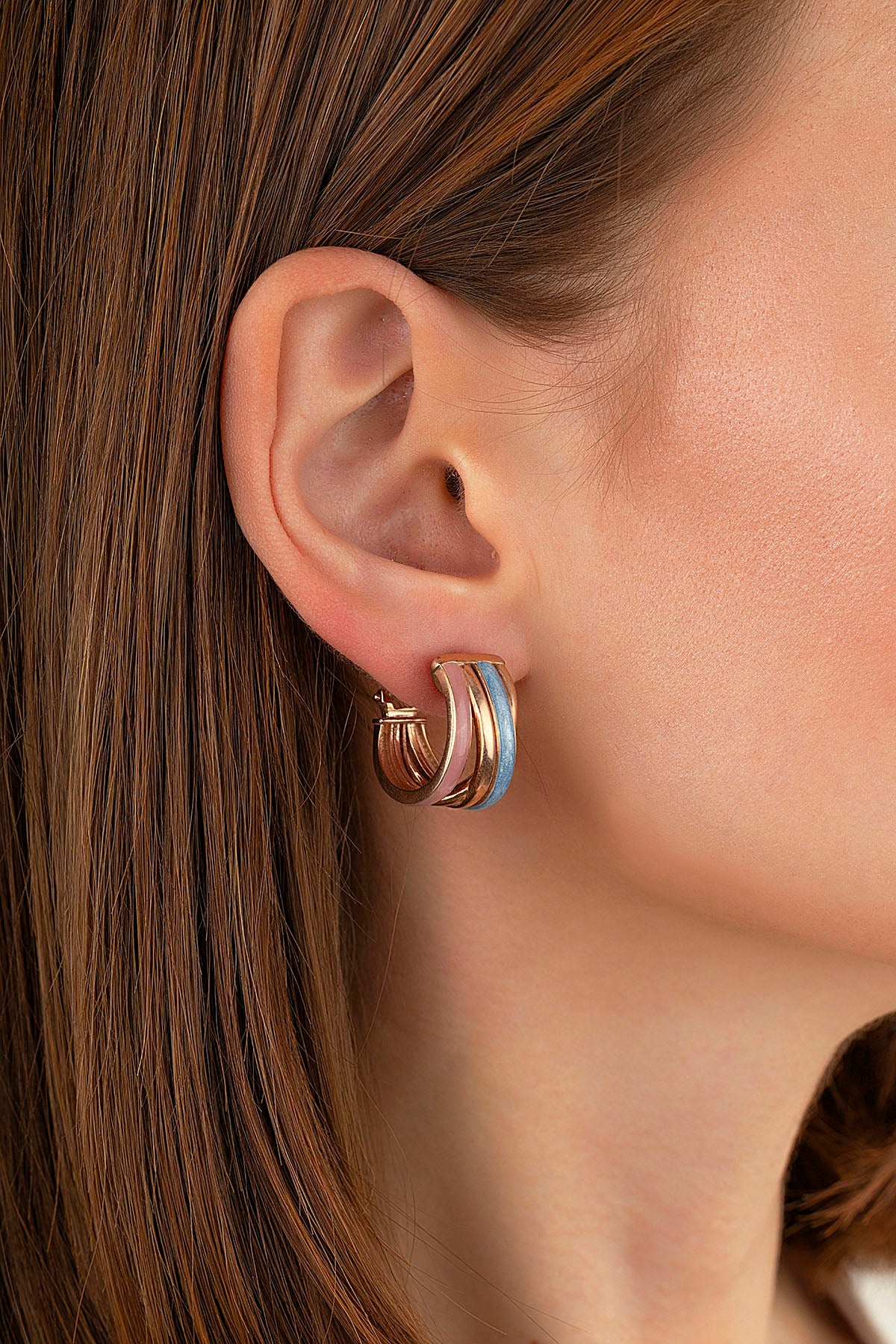 Mavi Pembe Taşlı İtalyan Altın Küpe