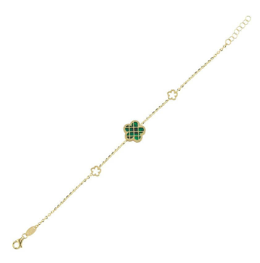 Çift Taraflı Yeşil Beyaz Sedef Kafesli Çiçek Altın Bileklik