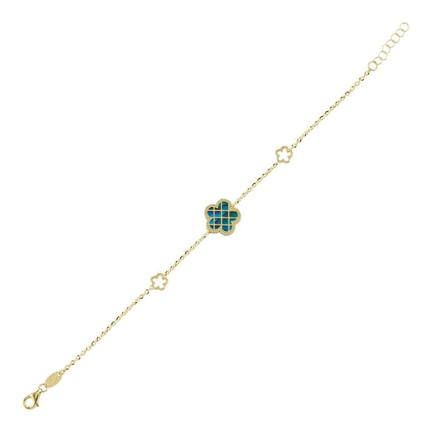 Çift Taraflı Mavi Beyaz Sedef Kafesli Çiçek Altın Bileklik