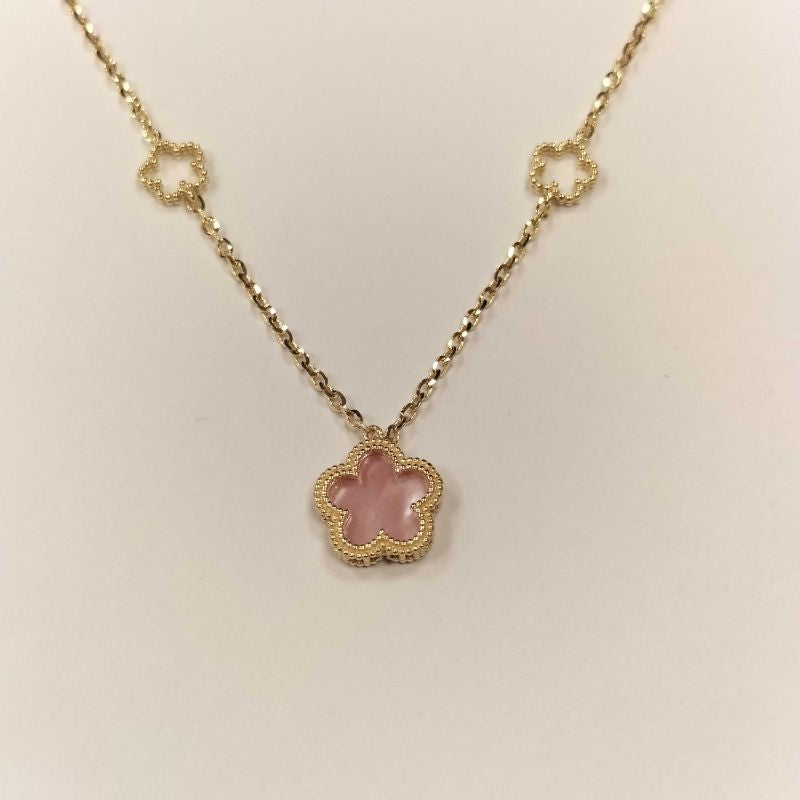 Çift Taraflı Pembe Beyaz Sedefli Çiçek Altın Kolye