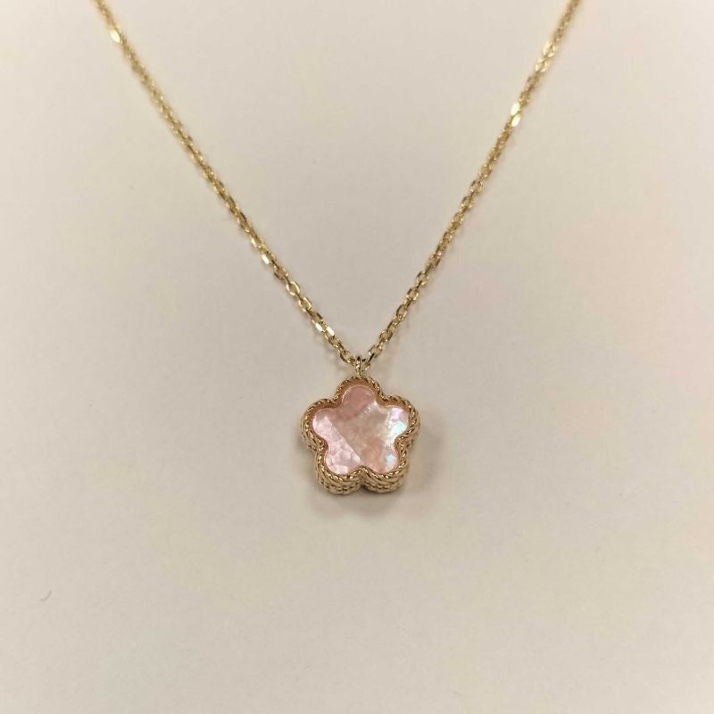 Çift Taraflı Pembe Beyaz Sedefli Küçük Çiçek Altın Kolye