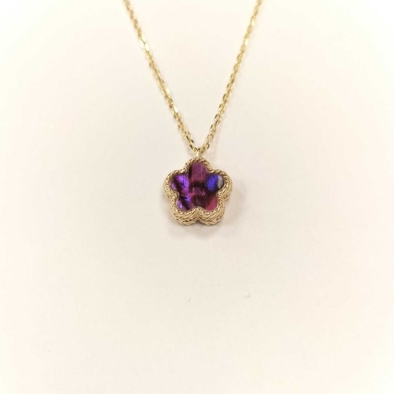 Çift Taraflı Mor Beyaz Sedefli Küçük Çiçek Altın Kolye