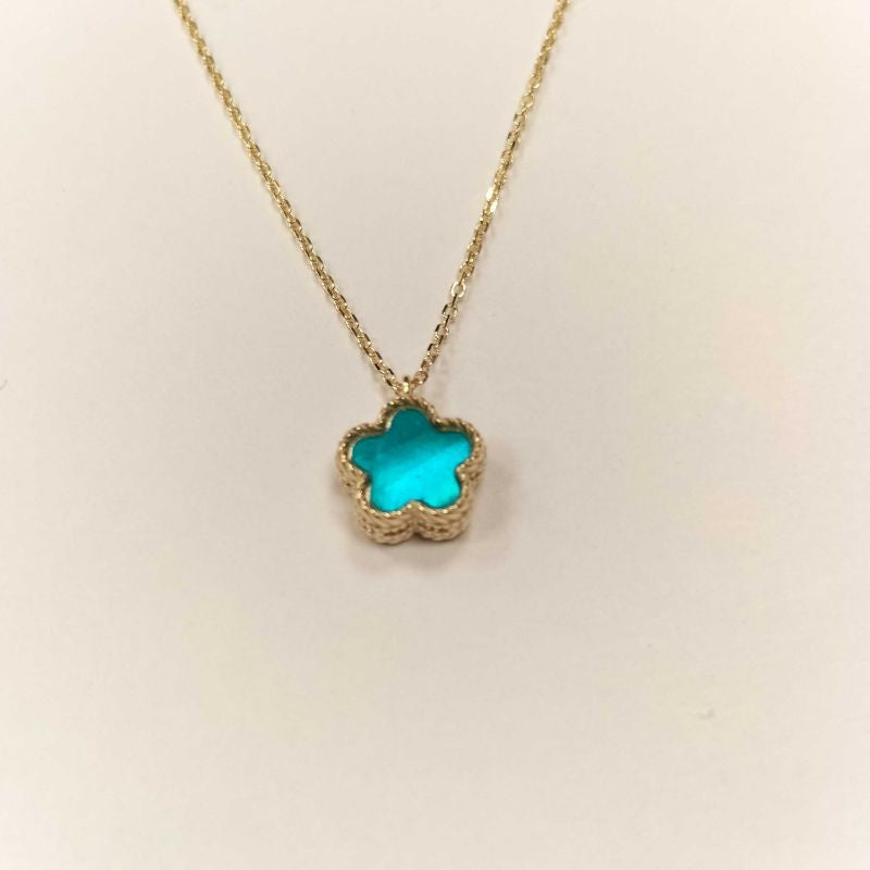 Çift Taraflı Turkuaz Beyaz Sedefli Küçük Çiçek Altın Kolye