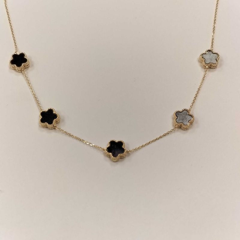 Çift Taraflı Siyah Beyaz Sedefli Beş Çiçekli Altın Kolye