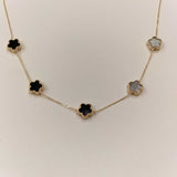 Çift Taraflı Siyah Beyaz Sedefli Beş Çiçekli Altın Kolye