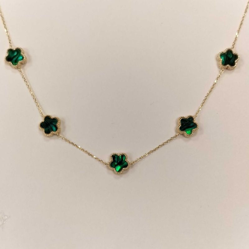 Çift Taraflı Yeşil Beyaz Sedefli Beş Çiçekli Altın Kolye