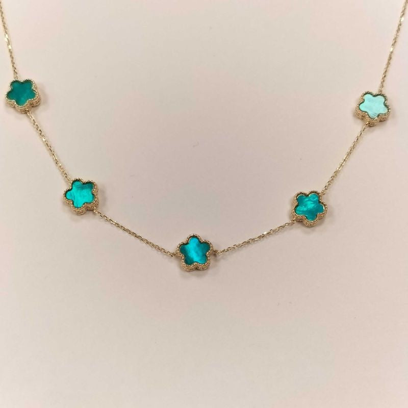 Çift Taraflı Turkuaz Beyaz Sedefli Beş Çiçekli Altın Kolye