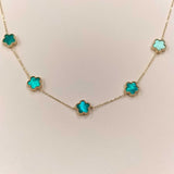 Çift Taraflı Turkuaz Beyaz Sedefli Beş Çiçekli Altın Kolye