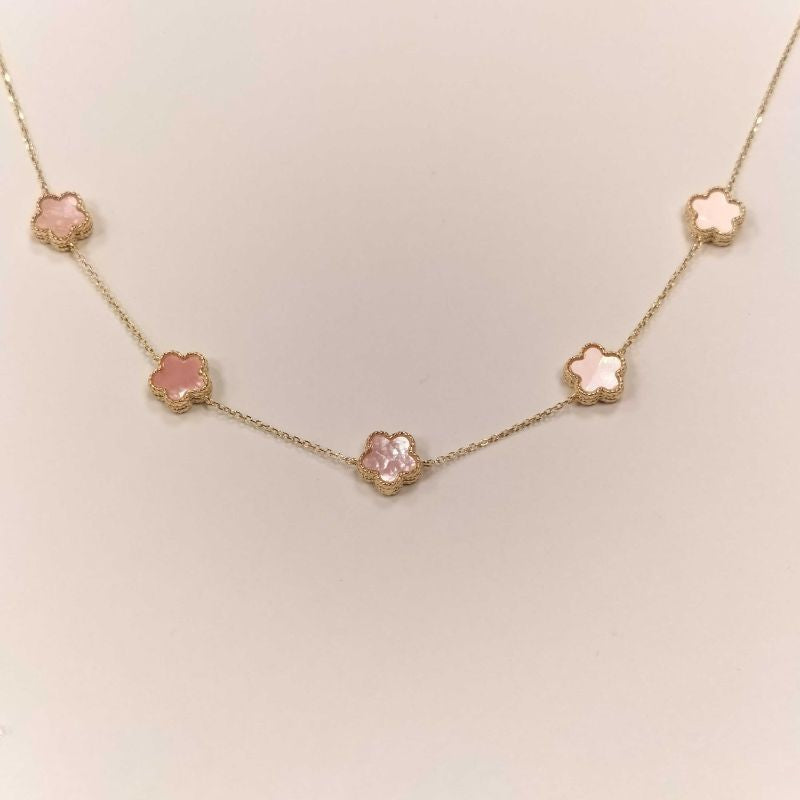 Çift Taraflı Pembe Beyaz Sedefli Beş Çiçekli Altın Kolye