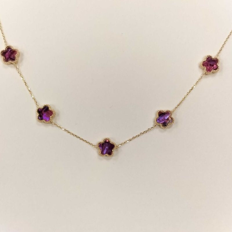 Çift Taraflı Mor Beyaz Sedefli Beş Çiçekli Altın Kolye