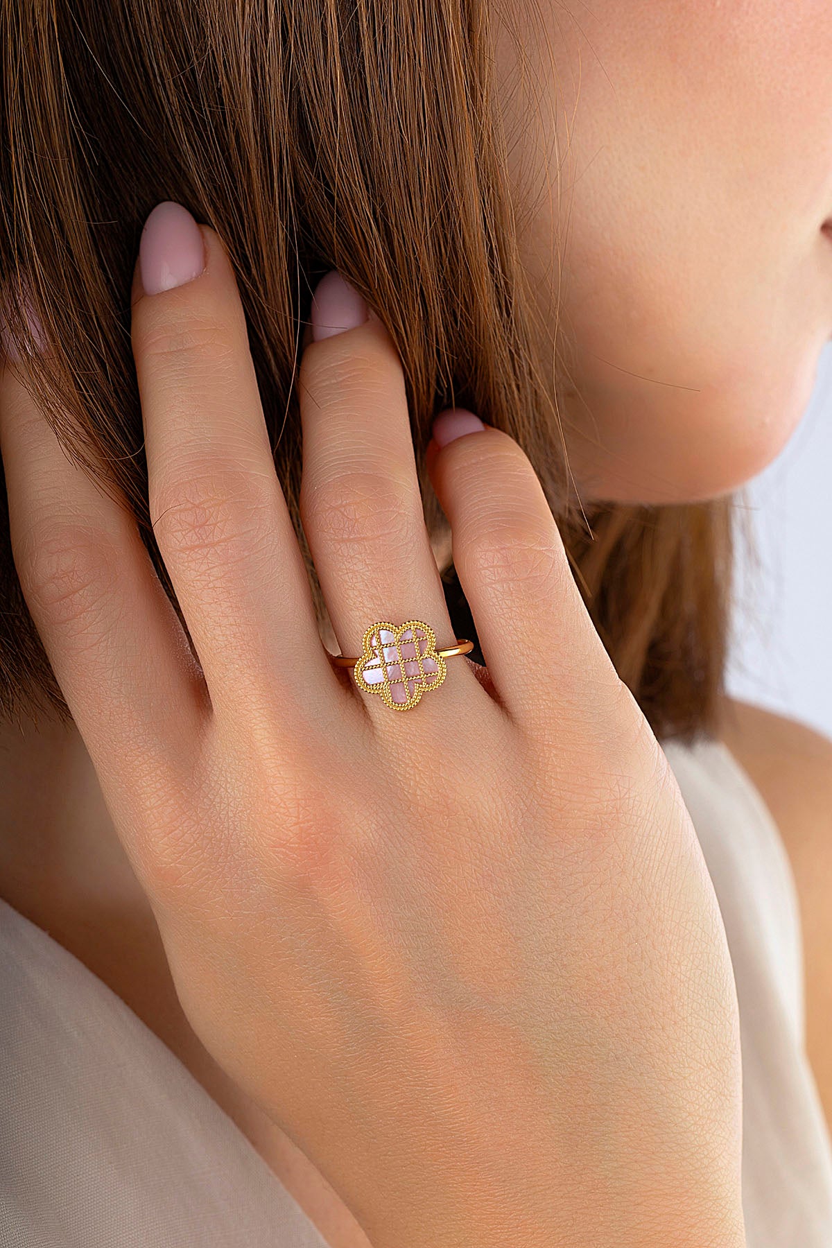 Pembe Sedefli Çiçek İtalyan Altın Yüzük