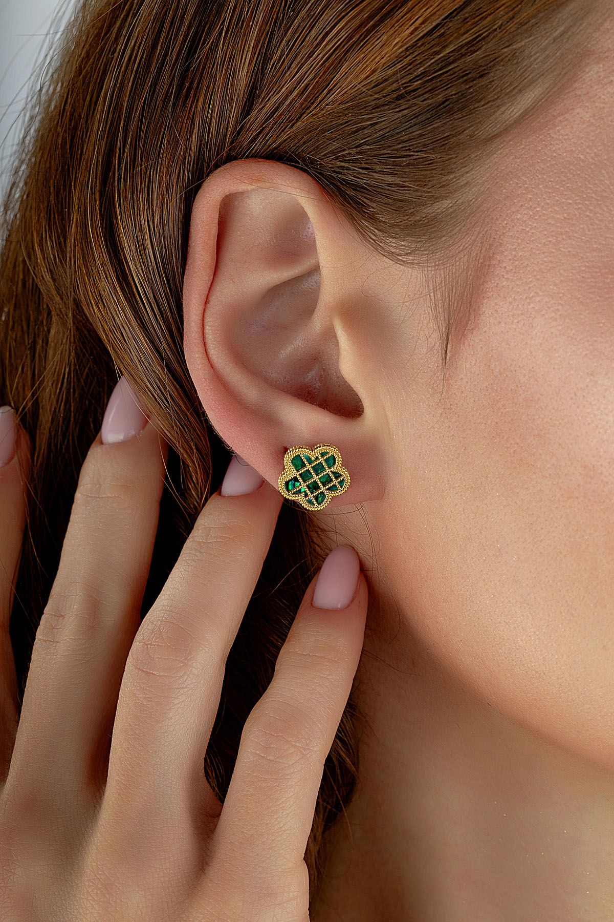 Mavi Sedef Kafesli Çiçek Altın Küpe Ürün ana görseli