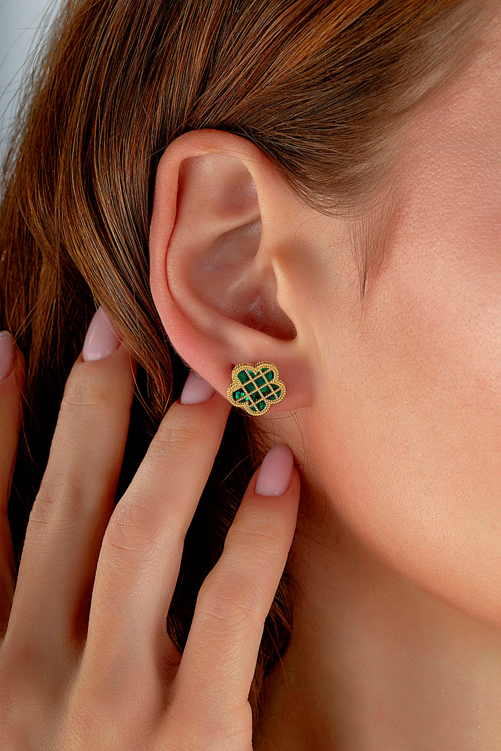 Mavi Sedef Kafesli Çiçek Altın Küpe