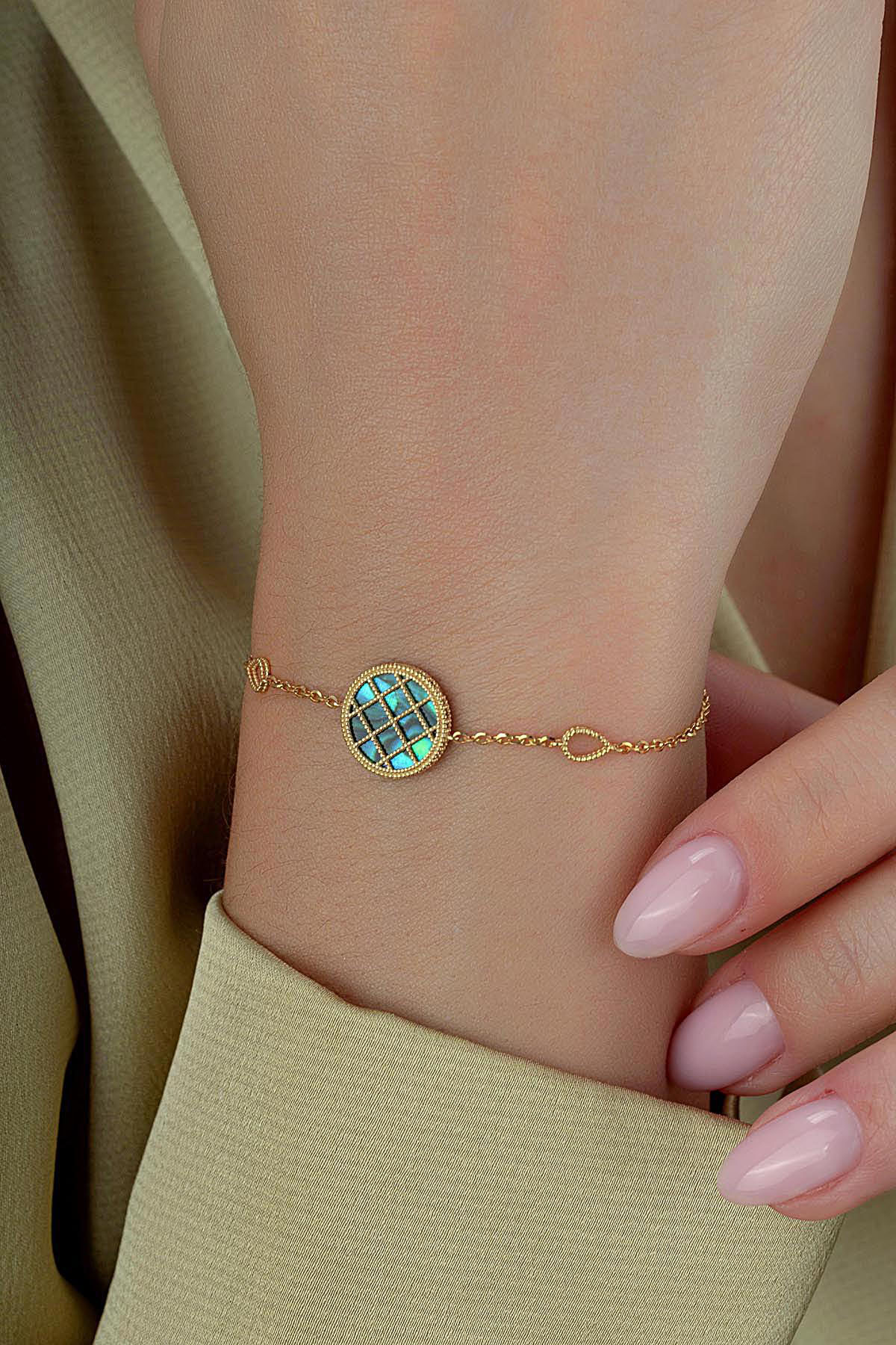 Çift Taraflı Yeşil Beyaz Sedefli Altın Bileklik Ürün ikincil görseli