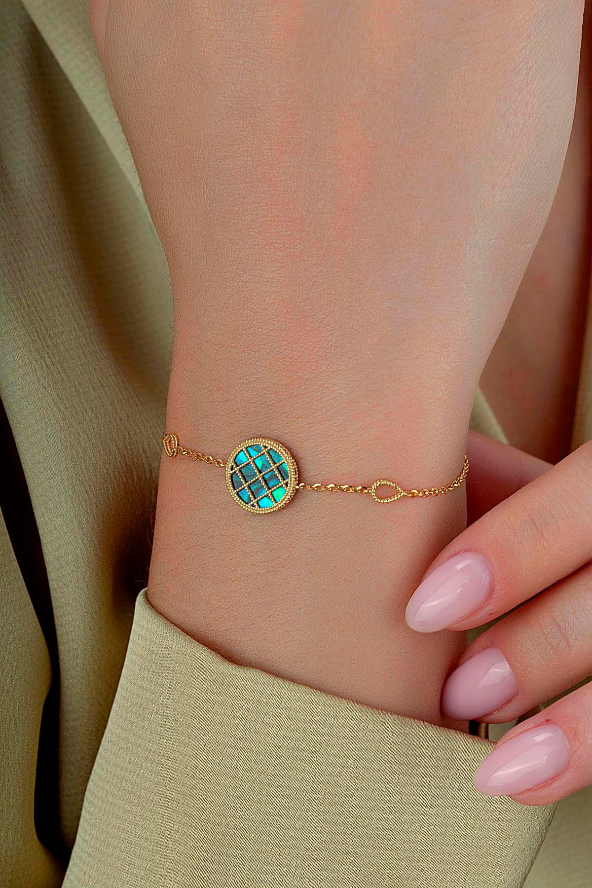 Çift Taraflı Yeşil Beyaz Sedefli Altın Bileklik