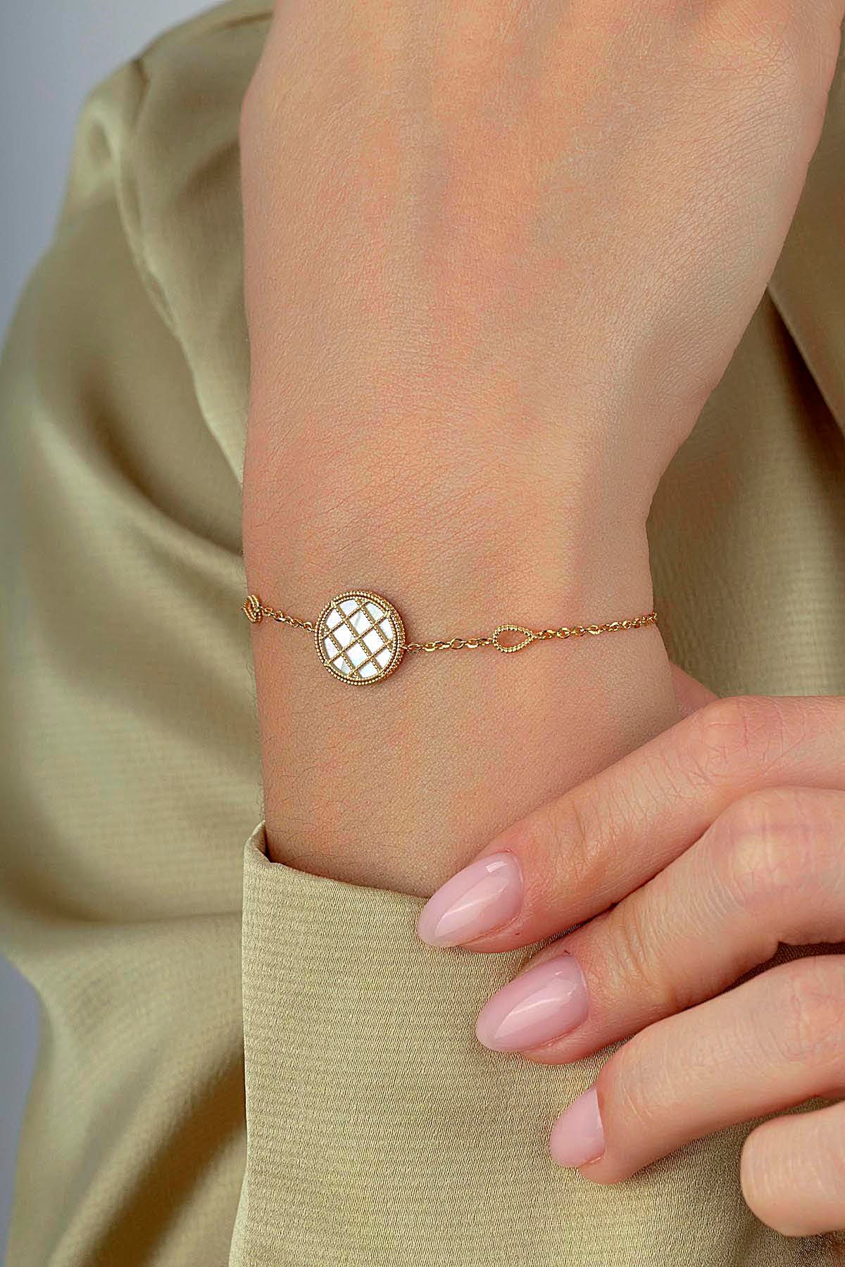 Çift Taraflı Yeşil Beyaz Sedefli Altın Bileklik