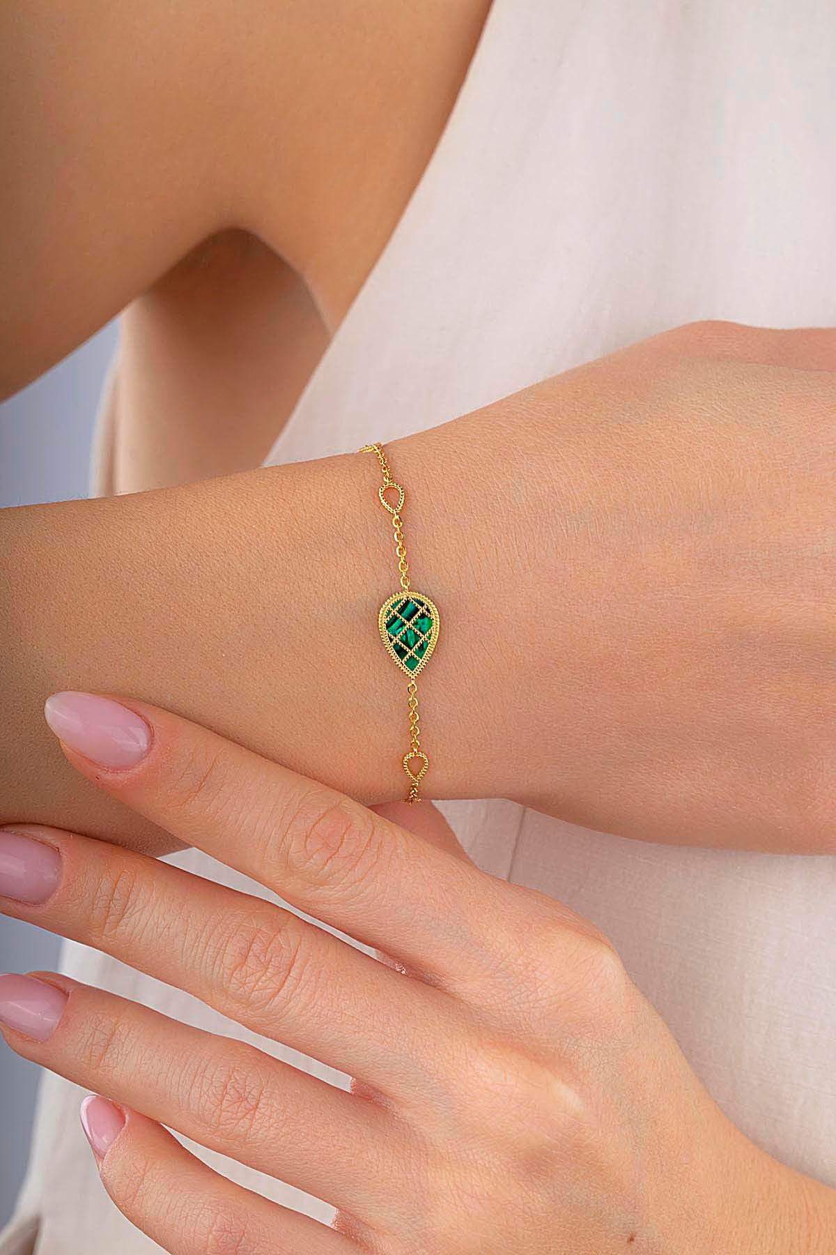 Çift Taraflı Yeşil Beyaz Sedefli Damla Altın Bileklik