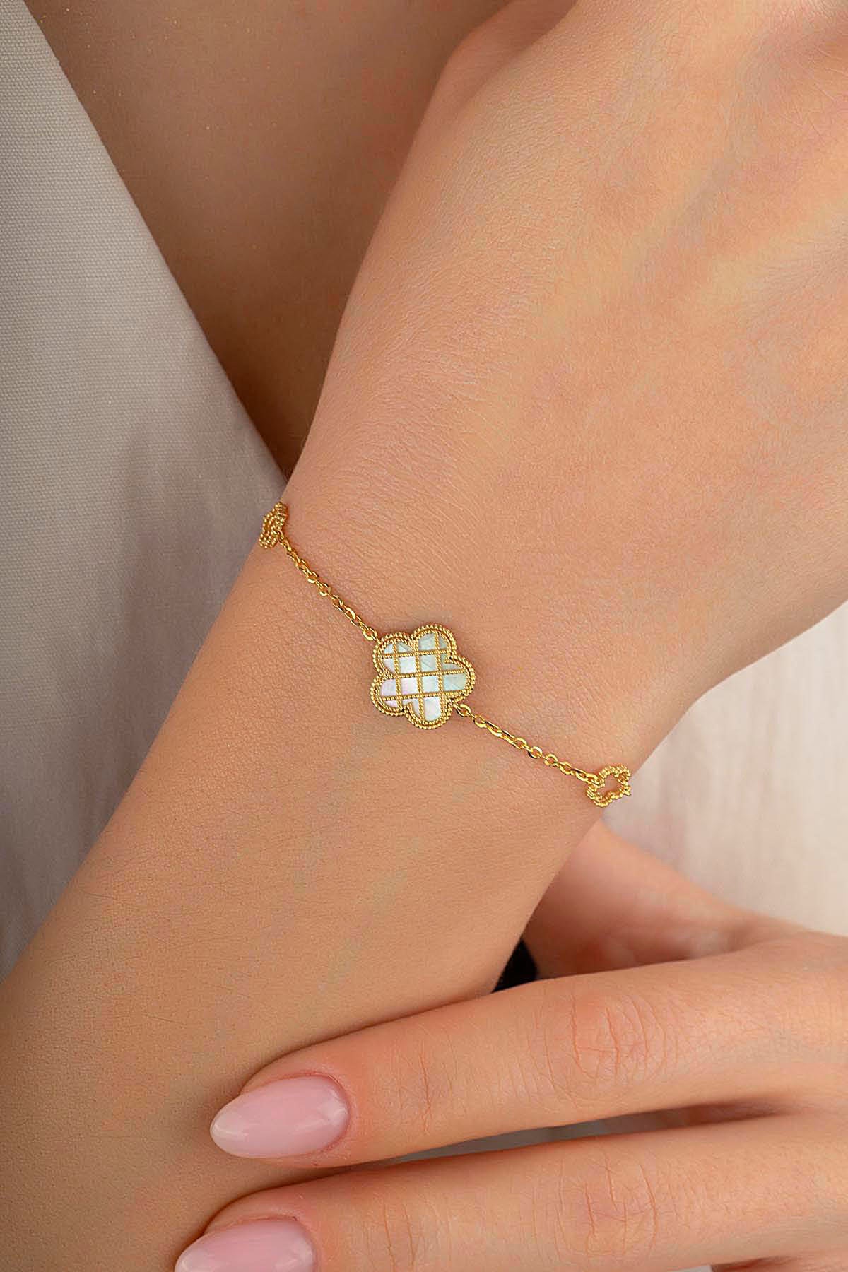 Çift Taraflı Yeşil Beyaz Sedef Kafesli Çiçek Altın Bileklik