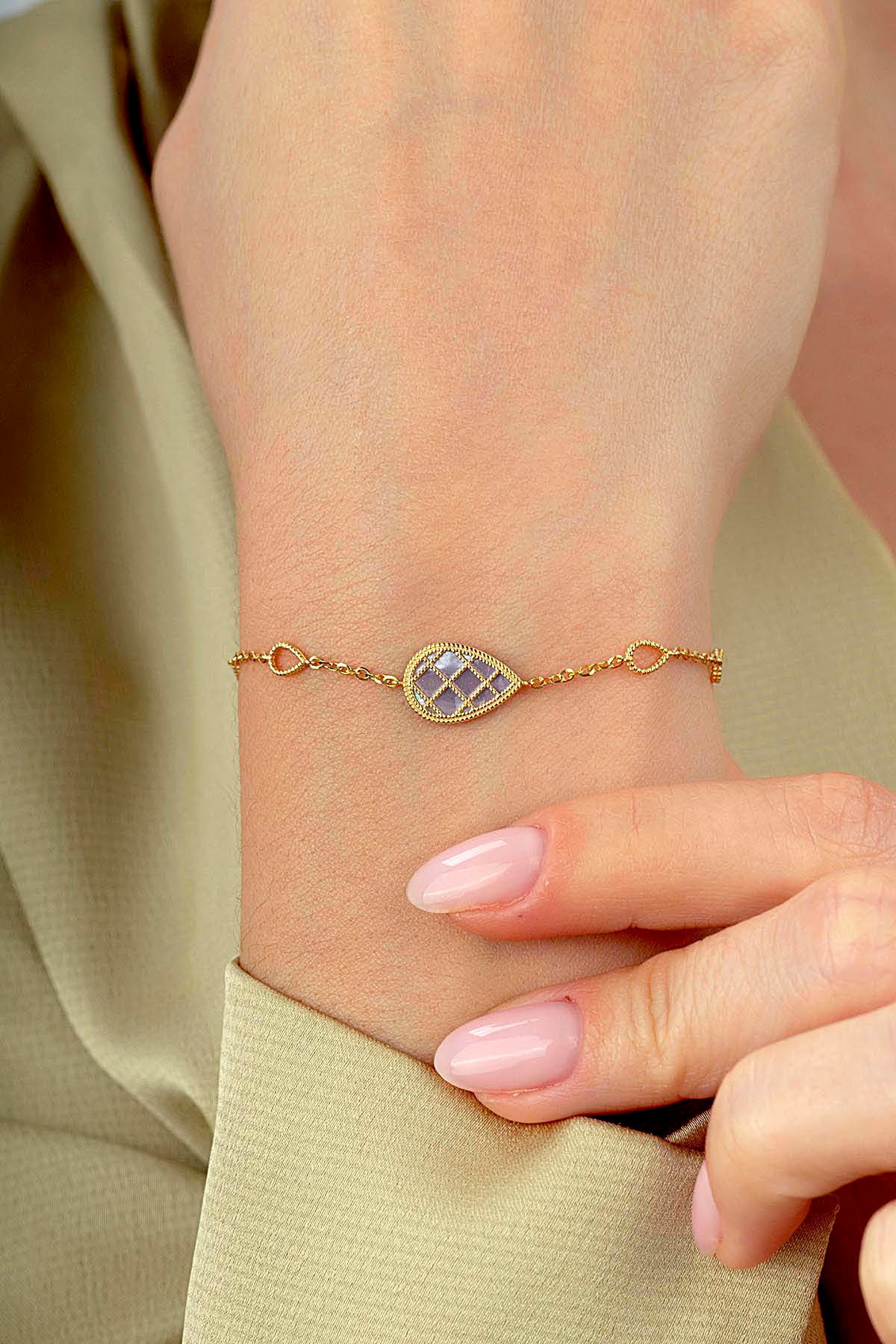 Çift Taraflı Gri Beyaz Sedefli Damla Altın Bileklik