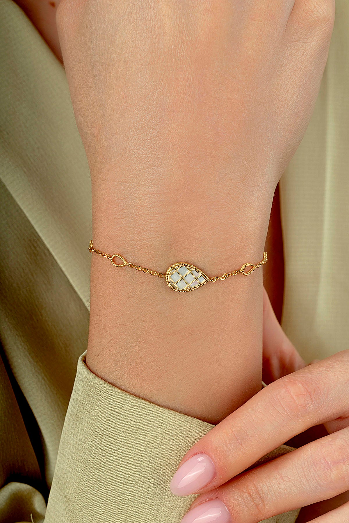 Çift Taraflı Gri Beyaz Sedefli Damla Altın Bileklik