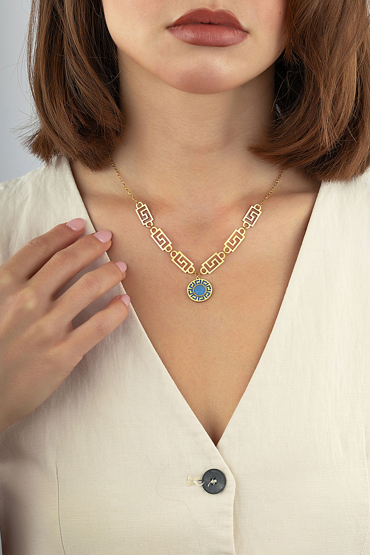 Geometrik Turkuaz Sedefli İtalyan Altın Kolye Ürün ana görseli