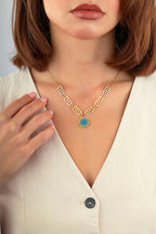 Geometrik Turkuaz Sedefli İtalyan Altın Kolye