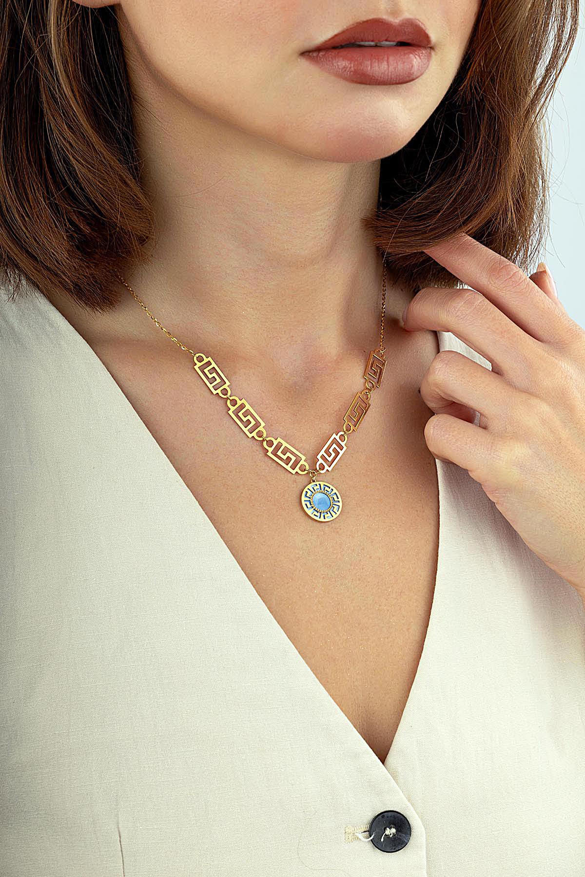 Geometrik Turkuaz Sedefli İtalyan Altın Kolye Ürün ikincil görseli