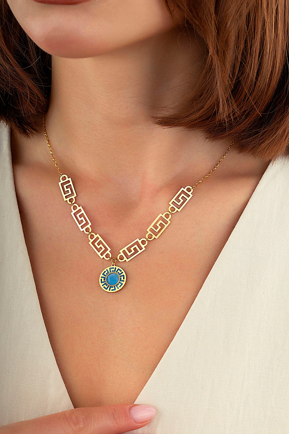 Geometrik Turkuaz Sedefli İtalyan Altın Kolye