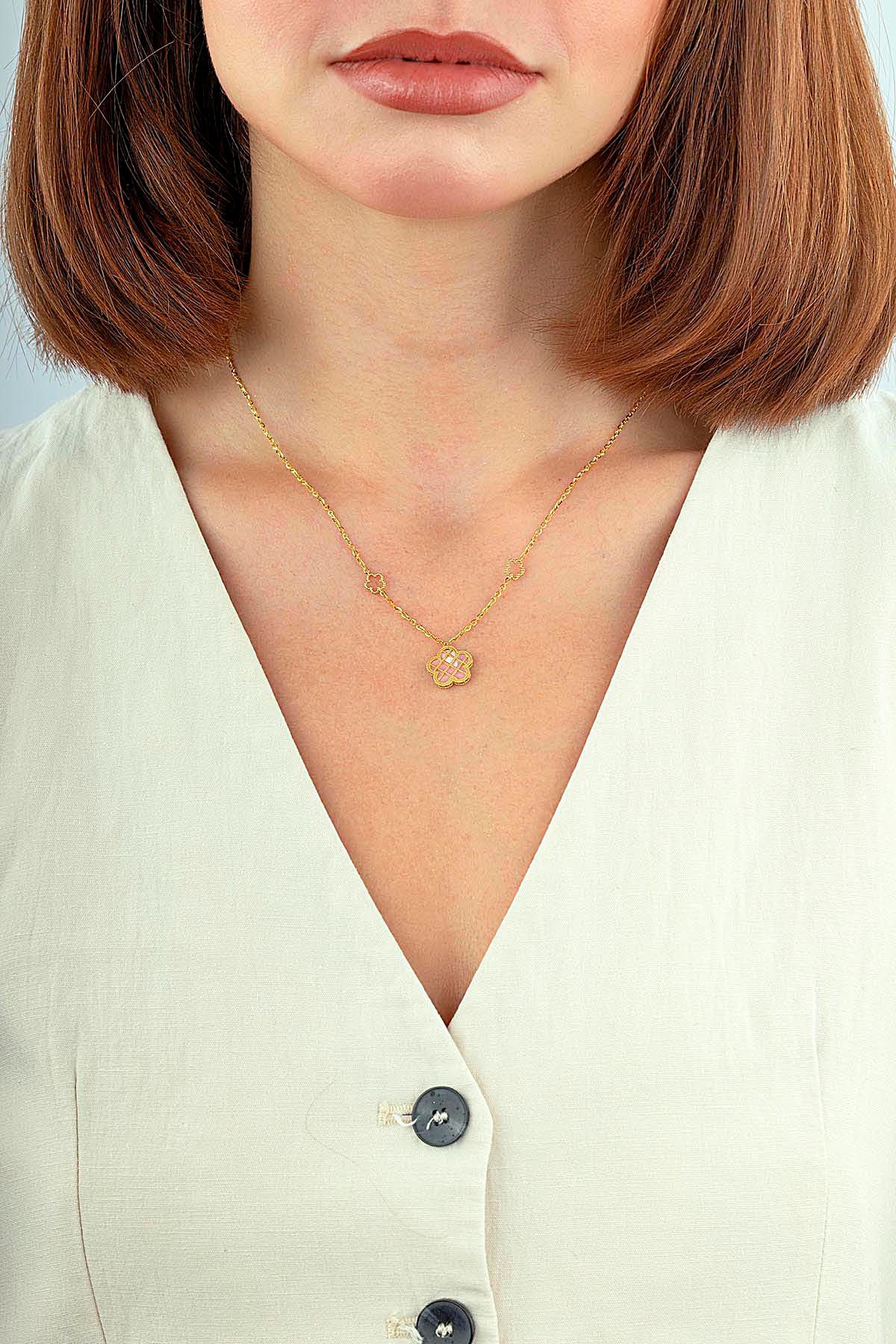 Çift Taraflı Pembe Beyaz Sedefli Kafesli Çiçek Altın Kolye