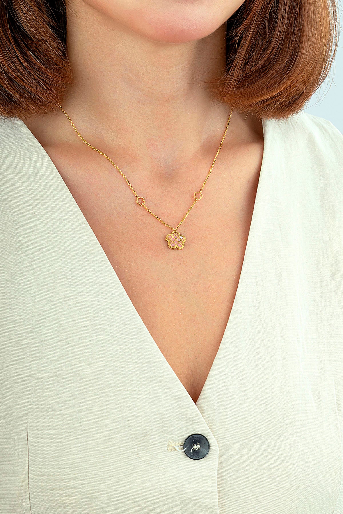 Çift Taraflı Pembe Beyaz Sedefli Kafesli Çiçek Altın Kolye